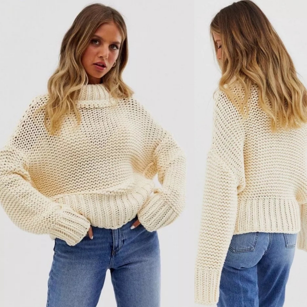 Free People My Only Sunshine Cowl Neck Sweater Linen Neutral Chunky- Knit